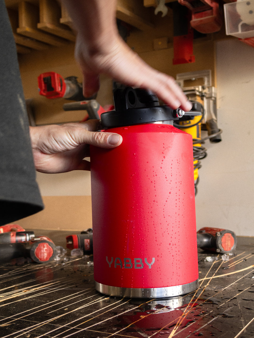 3.8L Yabby Insulated Stainless Steel Water Jug on Benchtop in Workshop