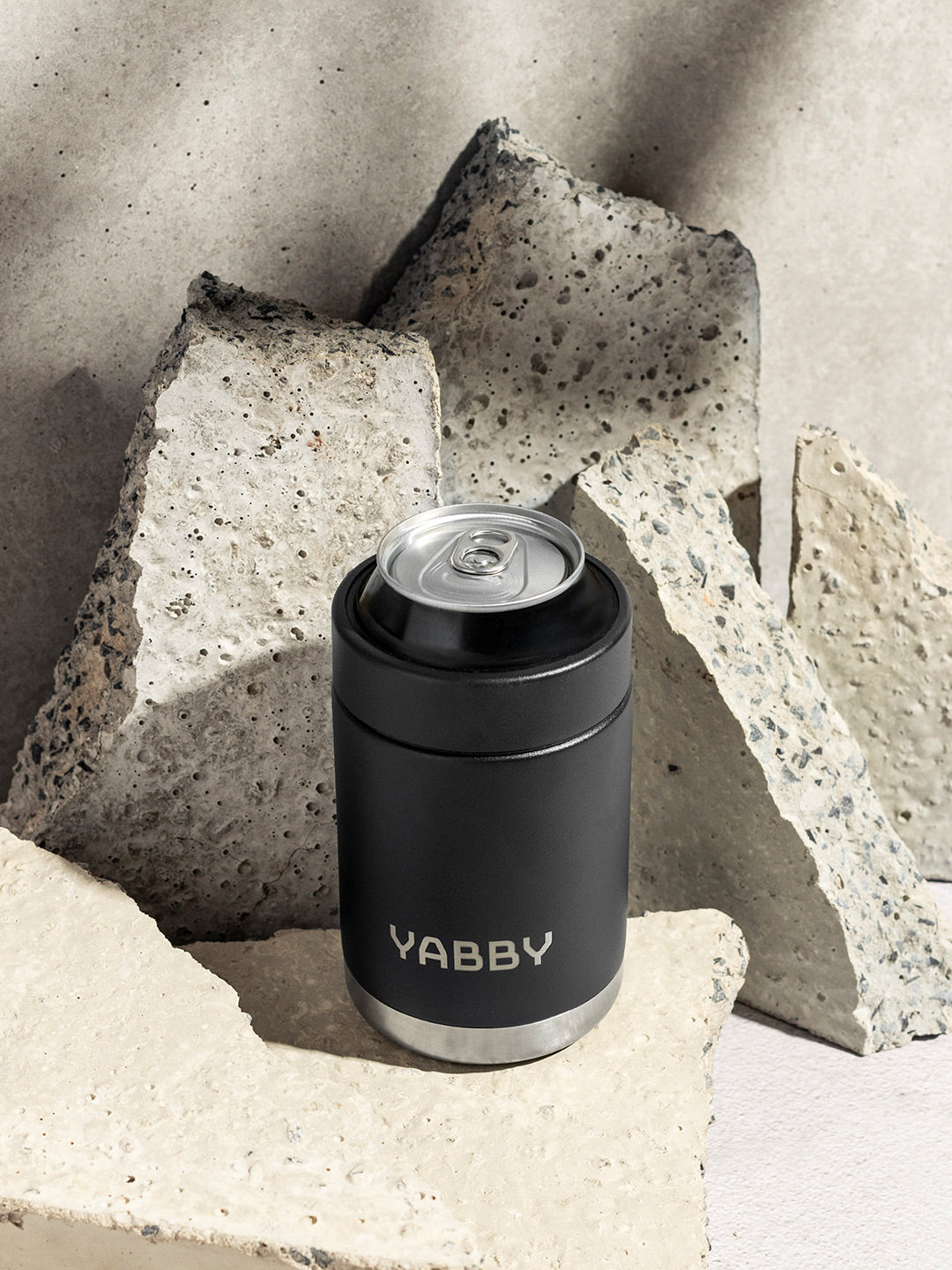 Insulated Can Cooler for 375ml drinks in black. Outside photo. A Stubby Holder made from Stainless Steel with Triple Wall to keep drinks ice cold for longer. Best Can Coolers Australia by Yabby Outdoors.