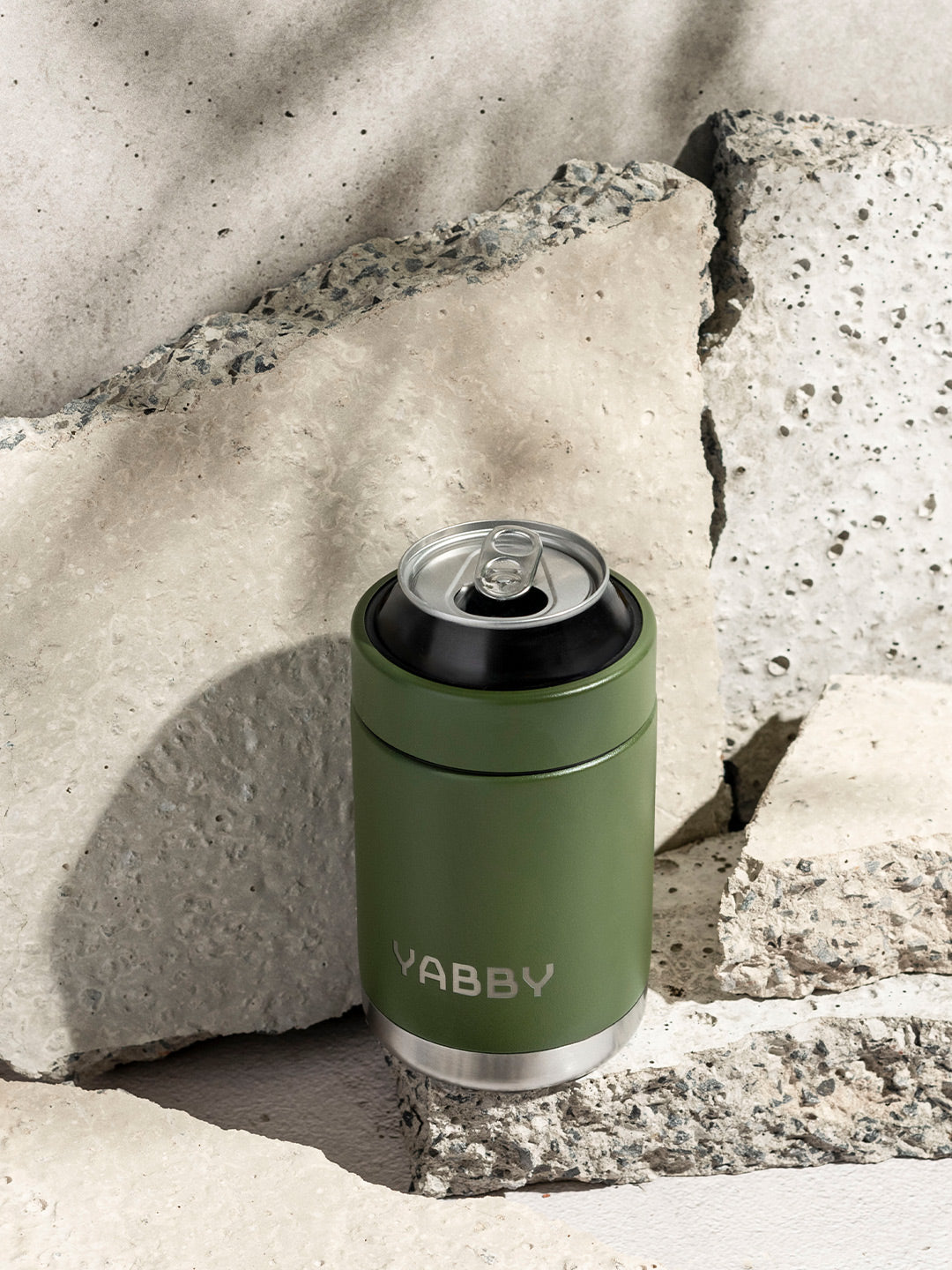 Insulated Can Cooler for 375ml drinks in green. Outside photo. Stainless Steel with Triple Wall to keep drinks ice cold for longer. Best Can Coolers Australia by Yabby Outdoors.
