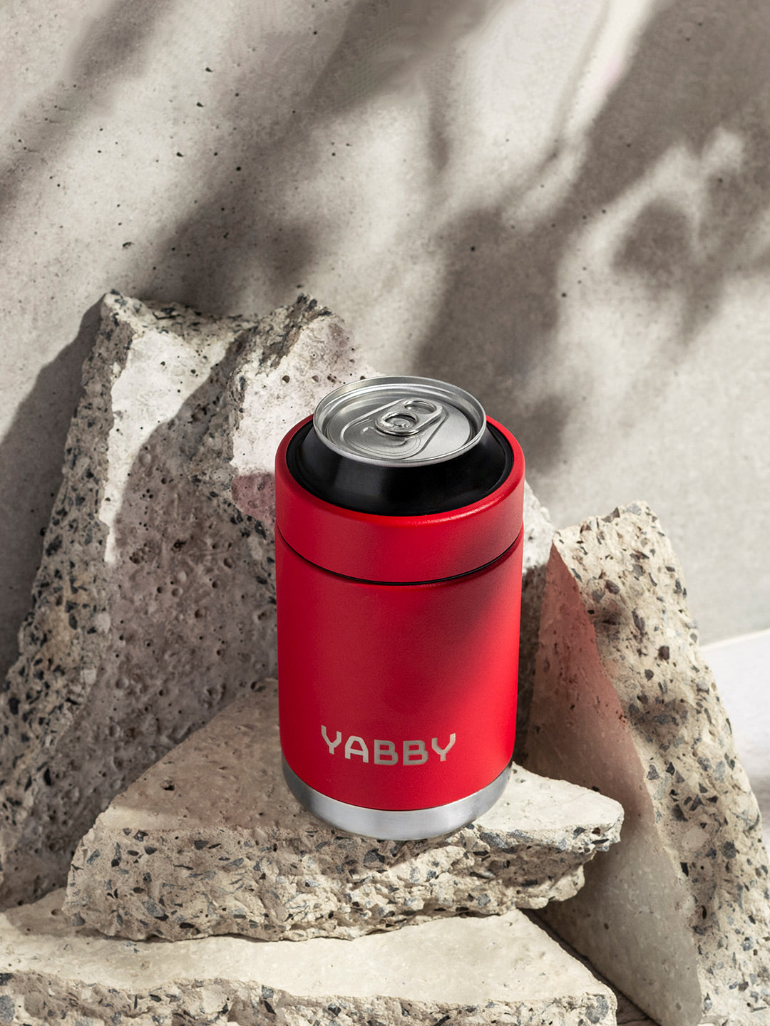 Insulated Can Cooler for 375ml drinks in red. Outside photo. Stainless Steel with Triple Wall to keep drinks ice cold for longer. Best Can Coolers Australia by Yabby Outdoors.